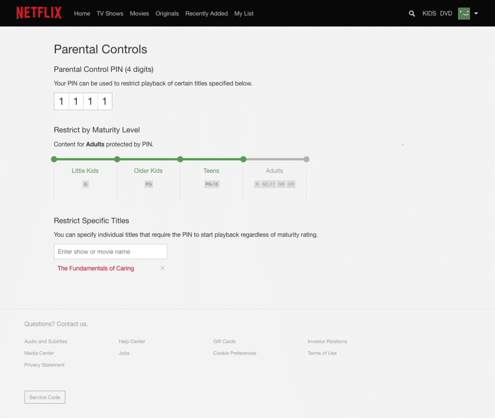 Netflix parental control restriction settings